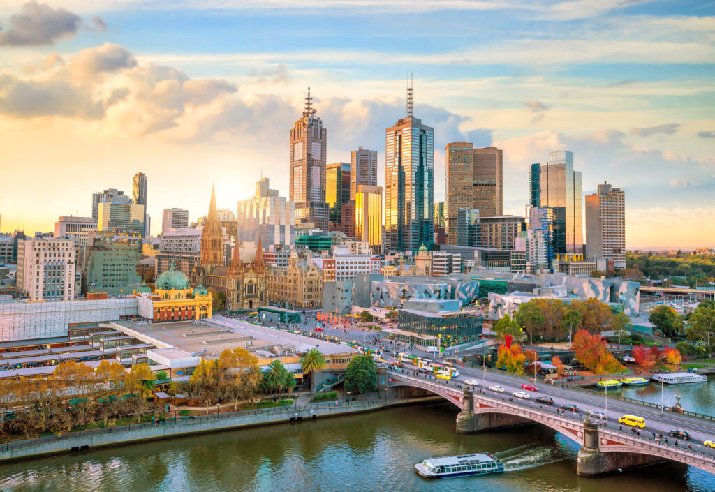 Melbourne city skyline at twilight in Australia