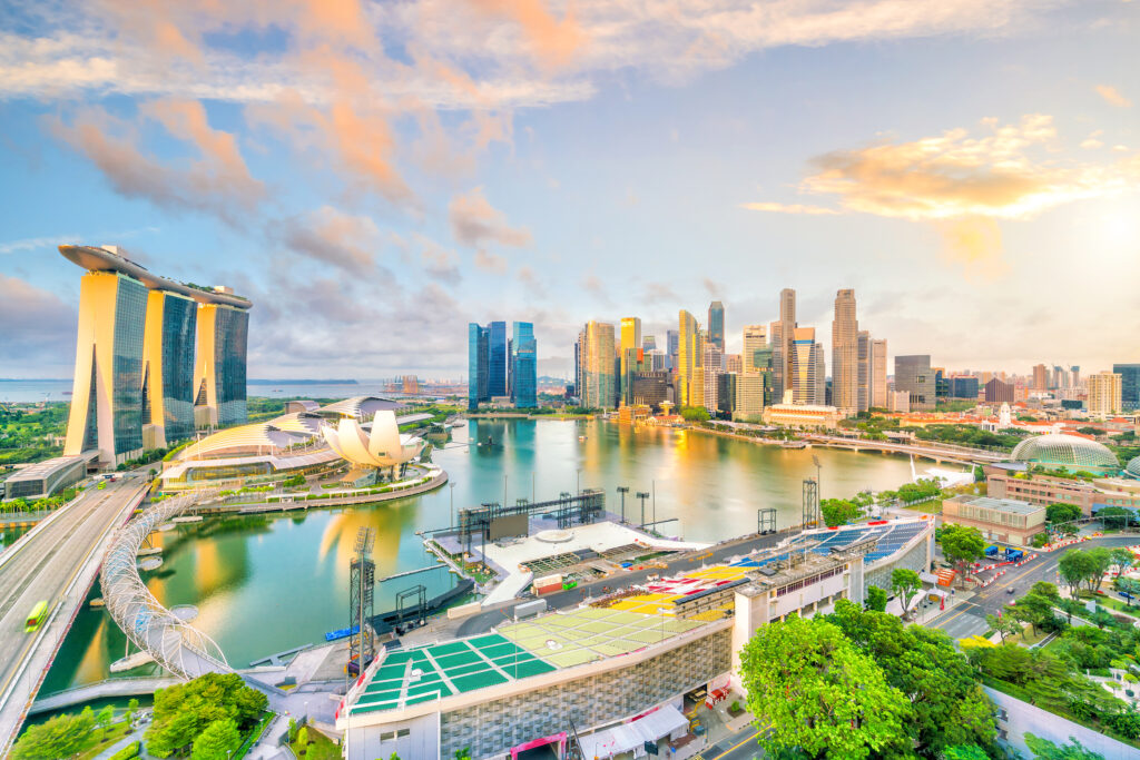 Singapore downtown skyline bay area at sunset