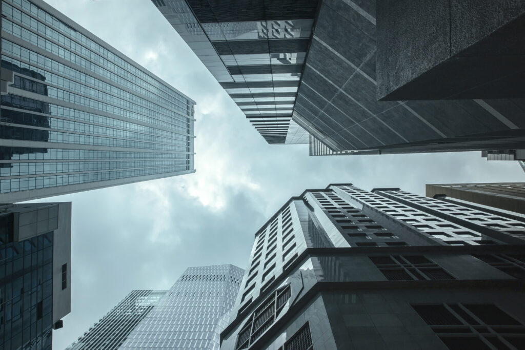 View of modern business skyscrapers glass and sky view landscape of commercial building in central city